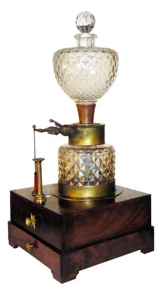 Nineteenth-century hydrogen lighter with cut-glass vessels, brass fittings and a wooden base
